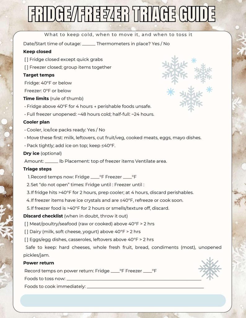 May include: A white and blue guide titled "FRIDGE/FREEZER TRIAGE GUIDE" with instructions on food safety during a power outage. Includes sections on keeping food cold, target temperatures, time limits, and a discard checklist. Features snowflake graphics.