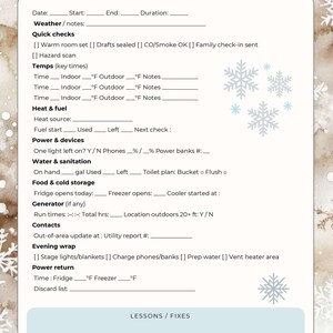 May include: A printable "Storm Outage Log" for recording times, temperatures, actions, and fuel. Features sections for weather notes, quick checks, temperatures, heat and fuel, power, water, food storage, generator details, contacts, and an evening wrap.