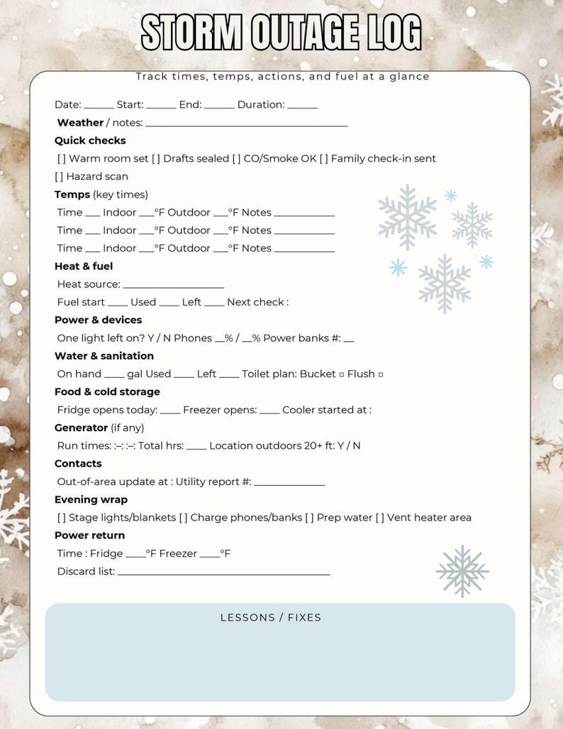 May include: A printable "Storm Outage Log" for recording times, temperatures, actions, and fuel. Features sections for weather notes, quick checks, temperatures, heat and fuel, power, water, food storage, generator details, contacts, and an evening wrap.