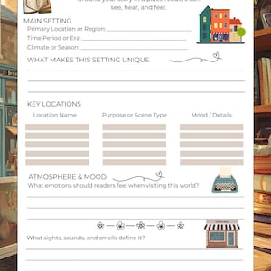 May include: A Setting Builder worksheet with prompts for story development. The top of the page reads "Setting Builder" and includes sections for main setting, key locations, and atmosphere. A small illustration of a coffee shop is included.