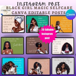 May include: A set of 9 Instagram post templates featuring black women with inspirational quotes about self-care and success. The quotes include "I was built this way for a reason, so I'm going to use it", "Uncomfortable I will love who I am", "Means knowing you are the dream", "Success is liking yourself, liking what you do", "The most common way people give up their power is by thinking they don't have any", "Obstacles if I'm told that it can't be told, then push harder", "If you prioritize yourself, you are going to save yourself", "Sure is that speaking your truth is the most powerful tool we all have", "Even if it makes others uncomfortable I will love who I am".