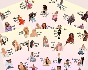 May include: A set of 30 colorful digital stickers featuring illustrations of women with inspirational quotes. The quotes include "Radiate positivity", "Super girl", "Girl you are magic", "Happy thoughts", "Never look back", "I believe in me", "I am sure of myself", "Skin care time", "Trying my best", "Focus on the good", "Take good care", "You can and you will", "Everyday will be ok", "Time", "Just breathe", "Peace", "I choose joy", "You matter", "Chill out", "Love yourself first", "Be the sunshine", "Keep the sunny side up", "Go for it", "Happy life", "Keep it simple", "There is hope", "Live a big life", "Be better", "Kind", "Live laugh love", "Enjoy your life", "Great job".