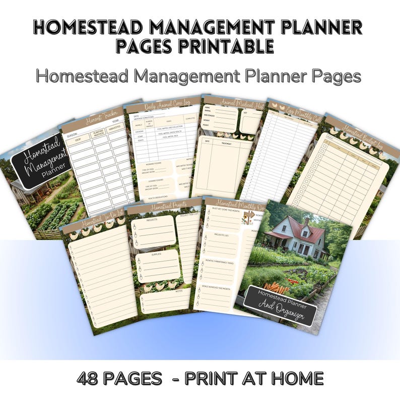 May include: A collection of printable homestead management planner pages. The pages include sections for tracking tasks, projects, and budgets. The cover features a photo of a garden and a house. The text reads "Homestead Management Planner Pages Printable".