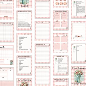 May include: A collection of pink and white gingham-patterned pages for a home canning planner and journal. The pages include supply lists, recipes, and inventory sheets. The words "Journal" and "Home Canning" are visible.
