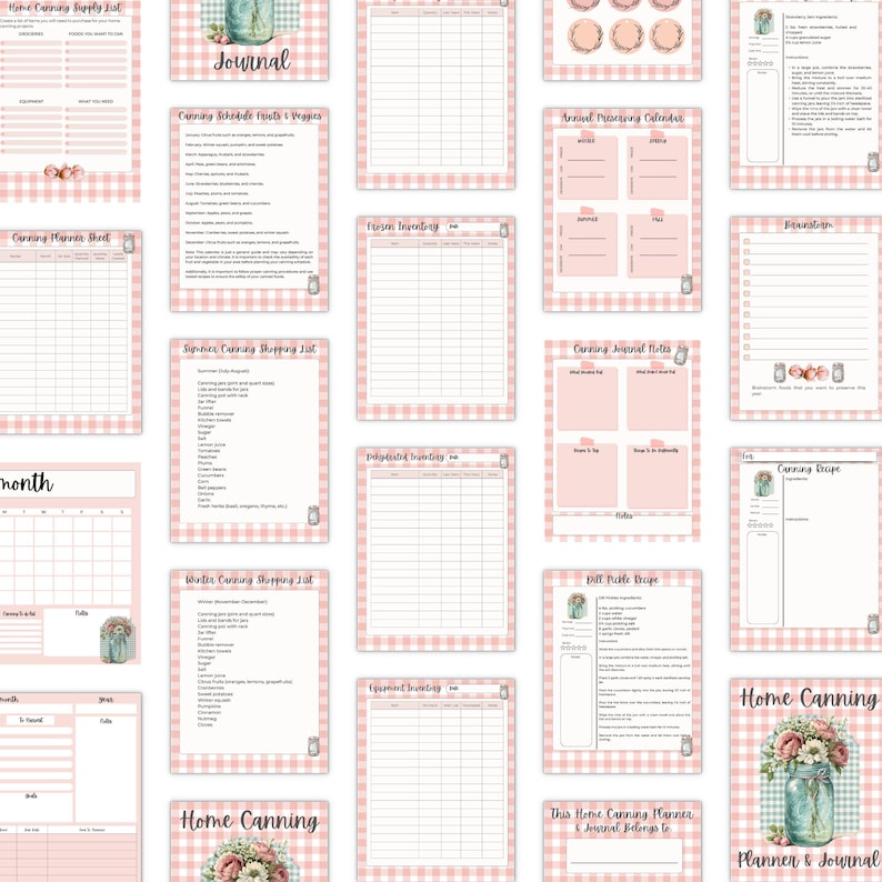 May include: A collection of pink and white gingham-patterned pages for a home canning planner and journal. The pages include supply lists, recipes, and inventory sheets. The words "Journal" and "Home Canning" are visible.