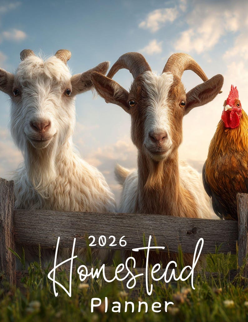 May include: A 2026 Homestead Planner cover featuring two goats and a rooster behind a wooden fence. The goats have white and brown fur, and the rooster has red and brown feathers. The planner title is in white script.