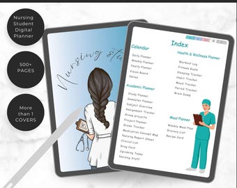 May include: A digital planner for nursing students displayed on two tablet screens. One screen shows a cover with an illustration of a person with a braided hairstyle holding a clipboard and stethoscope. The other screen displays an index page.