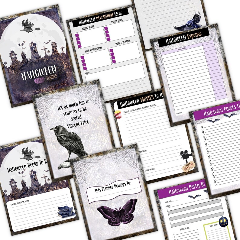 May include: A collection of Halloween-themed planner pages. The cover features a spooky graveyard scene with a witch flying across a full moon. Interior pages include sections for decoration ideas, expenses, movies, and party planning. The pages are decorated with bats, cobwebs, and a raven.