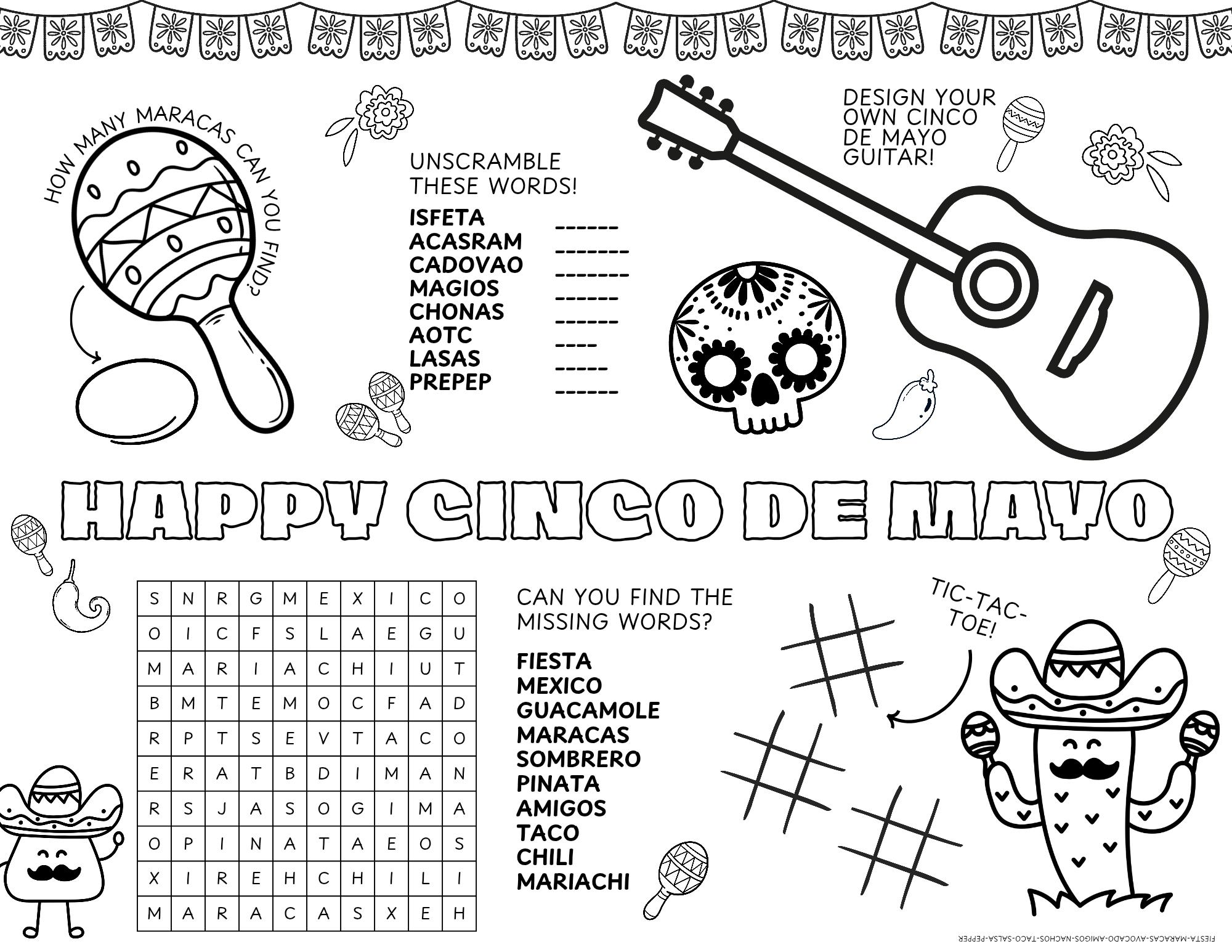 Cinco De Mayo Activity Placemat Printable,Kids Fiesta Coloring…