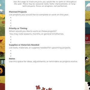May include: A white paper titled "Homestead Projects List" with handwritten-style text. The page includes sections for planned projects, timing, supplies, and notes. The background features a pastoral scene with fields, a red barn, and a cow.