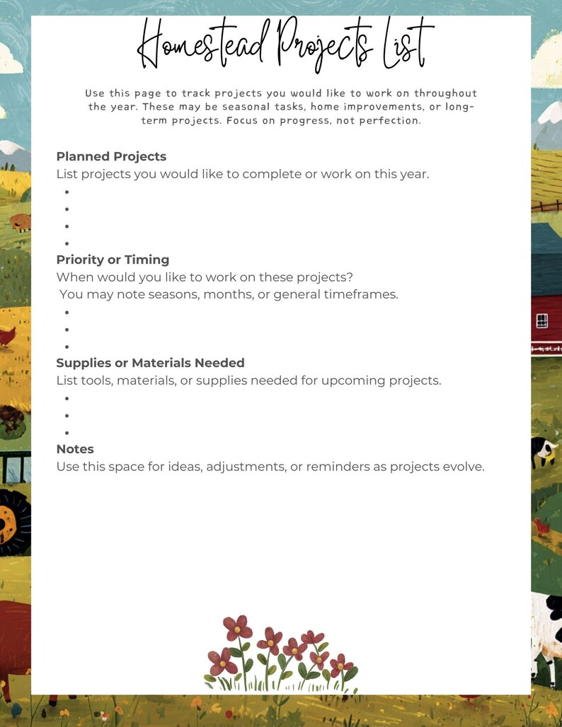 May include: A white paper titled "Homestead Projects List" with handwritten-style text. The page includes sections for planned projects, timing, supplies, and notes. The background features a pastoral scene with fields, a red barn, and a cow.