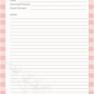 May include: A blank canning journal with a pink and white gingham pattern border. The journal has lined pages for recording canning details, with prompts for date, process, and food canned. The words "Canning Journal" are at the top.