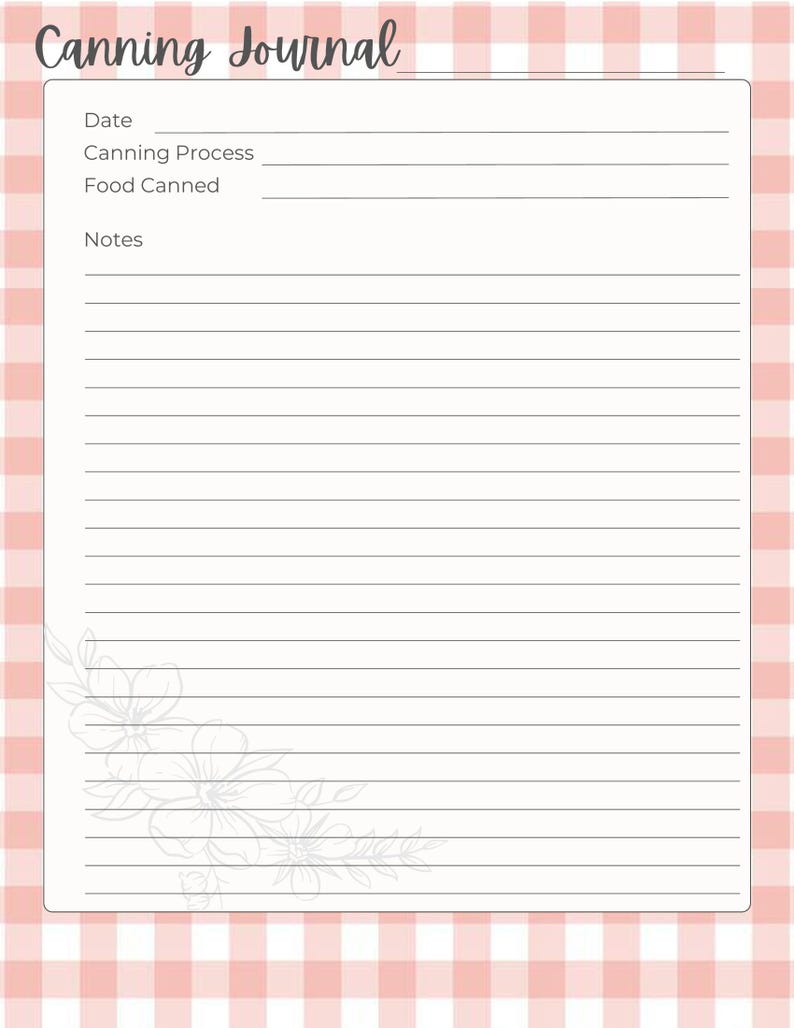 May include: A blank canning journal with a pink and white gingham pattern border. The journal has lined pages for recording canning details, with prompts for date, process, and food canned. The words "Canning Journal" are at the top.