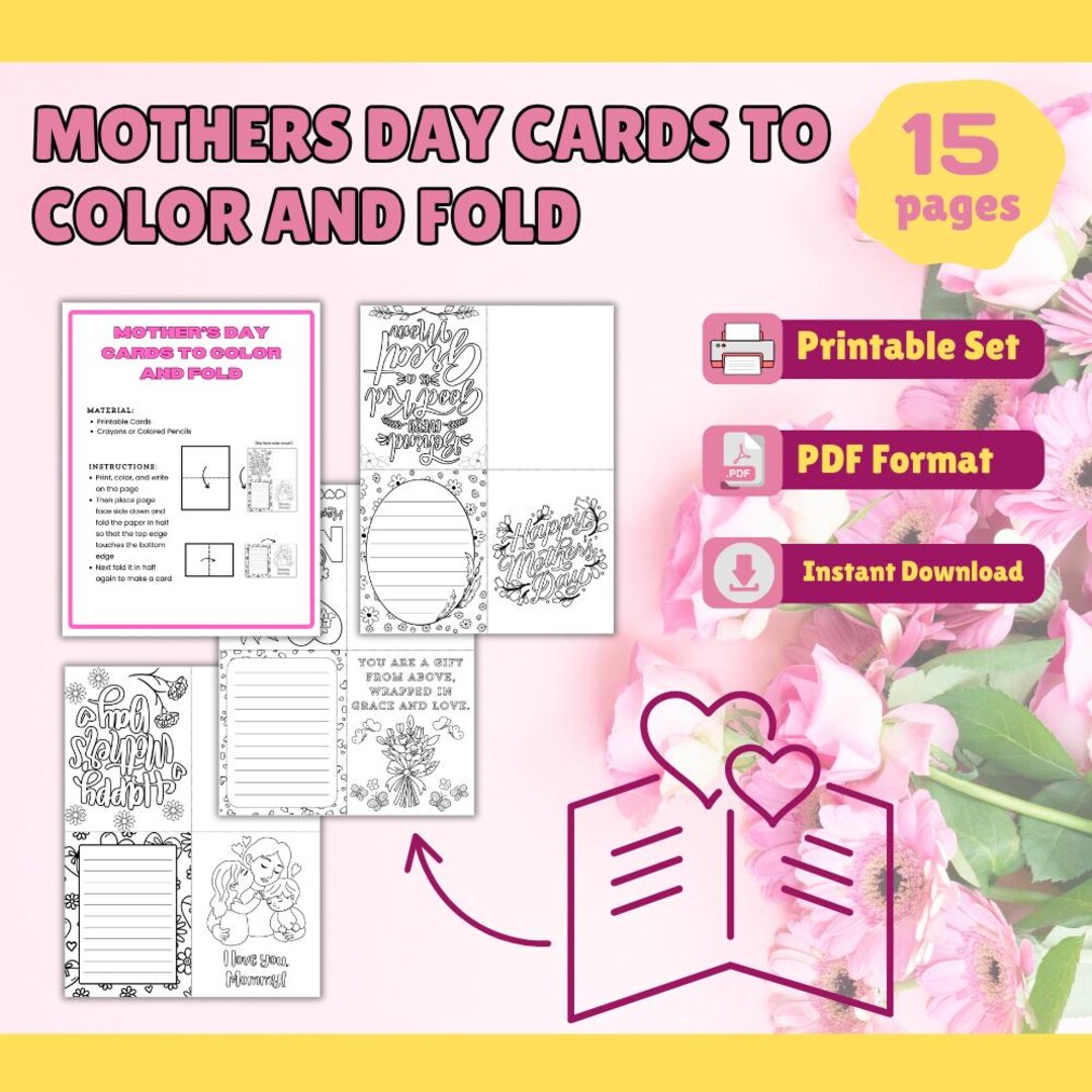 Mothers Day Coloring Card Printable , Kids Foldable Card DIY , Gift for ...