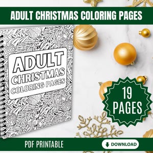 May include: A black and white coloring book with a spiral binding. The cover features a detailed illustration of a Christmas tree with ornaments and the text "Adult Christmas Coloring Pages". The book is on a white surface with gold ornaments and a green star.