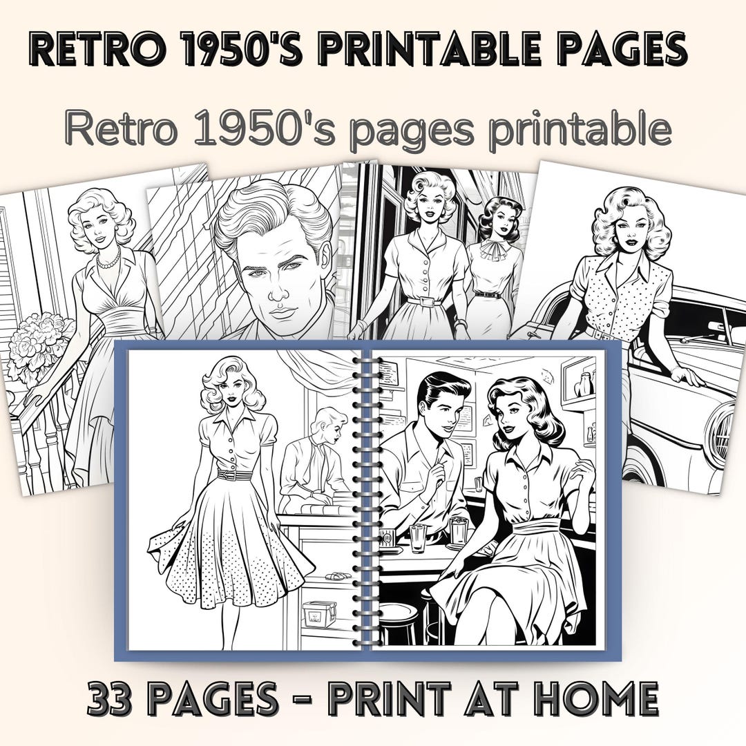 Retro 1950s Coloring Pages | 33 Printable Pages | Vintage Coloring Book ...