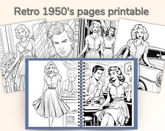 Dibujos para colorear estilo años 50 / 33 páginas imprimibles / Libro para colorear vintage para adultos y adolescentes / Dibujos para colorear de moda retro / Mujeres vintage