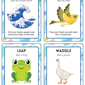 May include: Four illustrated flashcards with instructions for physical activities. The cards feature images of a wave, bird, frog, and goose, with text describing actions like bending, flying, leaping, and waddling. Each card has a blue border and decorative elements.