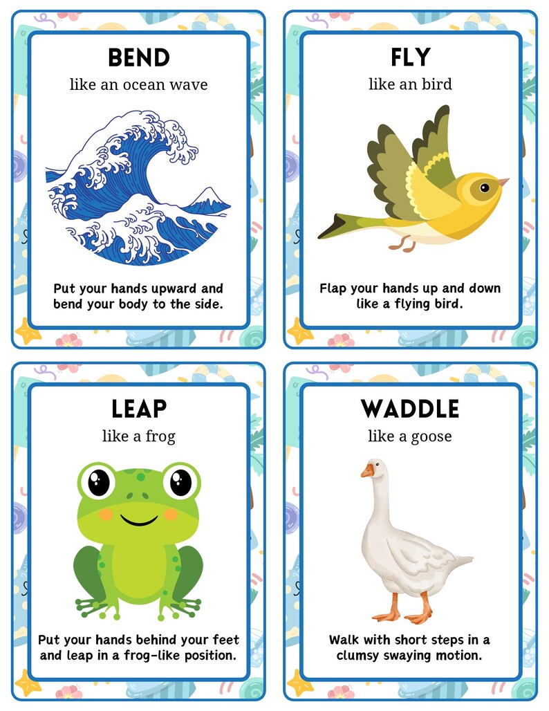 May include: Four illustrated flashcards with instructions for physical activities. The cards feature images of a wave, bird, frog, and goose, with text describing actions like bending, flying, leaping, and waddling. Each card has a blue border and decorative elements.