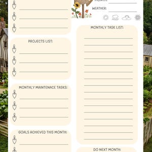 May include: A beige and white monthly planner titled "Homestead Monthly Overview." It features sections for tasks, projects, and goals, with a decorative "Farm" sign and weather icons. The planner is designed for organizing monthly activities.