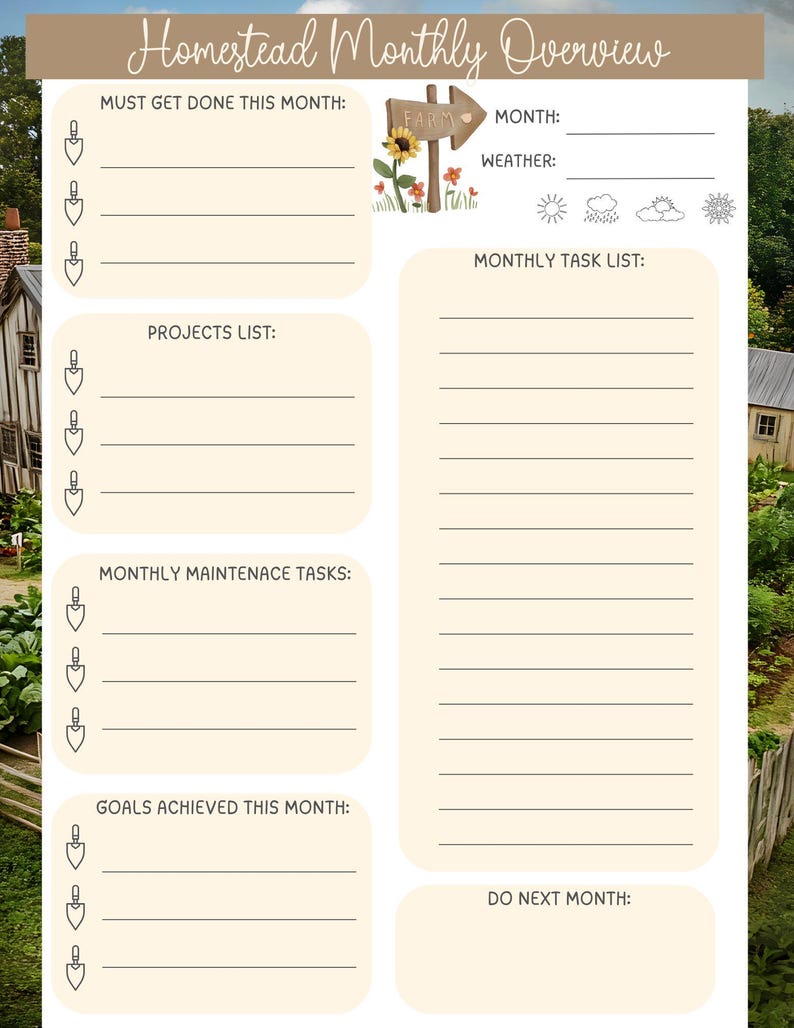 May include: A beige and white monthly planner titled "Homestead Monthly Overview." It features sections for tasks, projects, and goals, with a decorative "Farm" sign and weather icons. The planner is designed for organizing monthly activities.