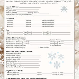 May include: A printable "Household Snapshot" sheet with fill-in sections for essential household information. Includes spaces for contact details, medical information, and utility account numbers. Features snowflake graphics.