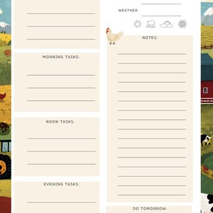 May include: A Daily To-Do list notepad with a farm theme. The notepad features sections for tasks, date, and weather, with illustrations of a cow and a chicken. The text "Daily To-Do" is at the top.
