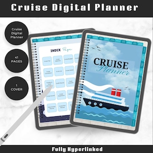 May include: A digital cruise planner displayed on two tablets. The planner features a blue cover with a cruise ship illustration and the words "Cruise Planner." The index page lists cruise-related topics. The text "Fully Hyperlinked" is at the bottom.