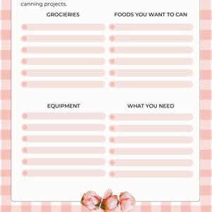 May include: A printable home canning supply list with headings for groceries, foods, equipment, and needs. The list is on a white background with a pink gingham border and floral accents. The text "Home Canning Supply List" is at the top.