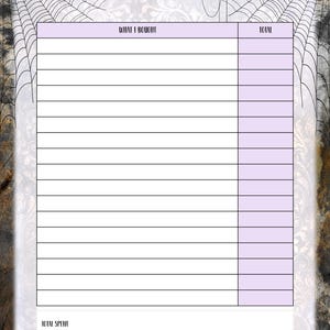 May include: A Halloween expense tracker with a decorative spiderweb and floral background. The top banner reads "HALLOWEEN Expense" in black and orange. The tracker has sections for "WHAT I BOUGHT" and "TOTAL" with lined spaces for entries.