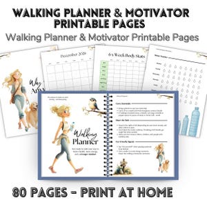 May include: A spiral-bound walking planner with printable pages. The cover features an illustration of a woman walking. Includes pages for tracking body stats, water intake, and a calendar for December 2026. The planner is designed to help users improve their health.