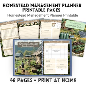 May include: A spiral-bound planner with various printable pages for homestead management. The pages include sections for budgeting, to-do lists, and animal care logs. The cover features the text "Organized Living for Homesteaders" and the planner contains 48 pages.