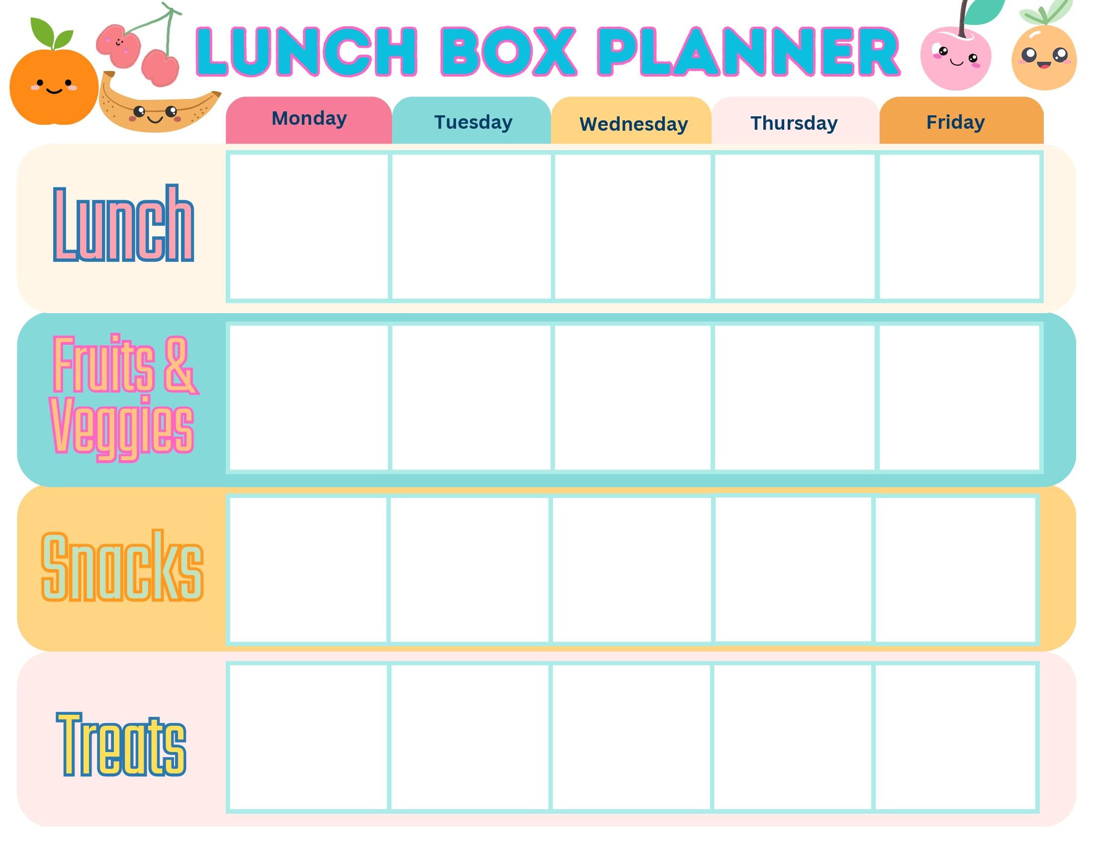 Kids Lunch Box Planner Printable , Weekly Lunch Planner , School Lunch ...