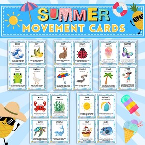 May include: Colorful "Summer Movement Cards" with illustrations of various actions like bending, flying, and hopping. The cards feature images of a wave, bird, bunny, ladybug, jellyfish, and butterfly, among others. The cards are designed with a summer theme.