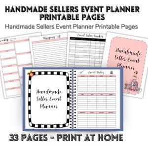 May include: A collection of printable pages for a Handmade Sellers Event Planner, including a weekly planner, shopping list, event sales tracker, and an event dates calendar. The pages feature black and white borders and pink accents.