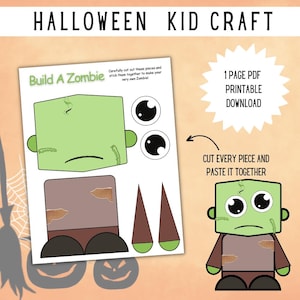 Crea un lavoretto a tema zombi per bambini stampabile – Attività di Halloween da ritagliare e incollare in PDF – Modello di lavoretto di Halloween di 1 pagina – Download immediato