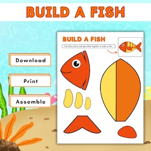 Build A Fish Craft Printable , Kids Summer Activity , Preschool Cut and Paste Worksheet , Toddler Busy Activity , Homeschool Fish Craft PDF
