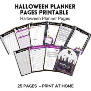 May include: A collection of printable Halloween planner pages. The pages include sections for expenses, movies, guest lists, and party planning. The design features a purple and black color scheme with Halloween-themed graphics and text.