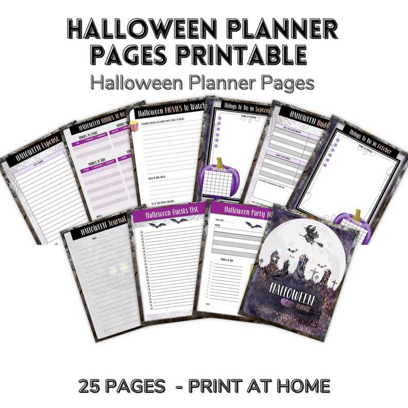 May include: A collection of printable Halloween planner pages. The pages include sections for expenses, movies, guest lists, and party planning. The design features a purple and black color scheme with Halloween-themed graphics and text.