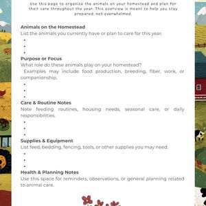 May include: A printable planner page titled "Livestock & Animals Overview" with sections for organizing animal care. Includes prompts for listing animals, their purpose, care notes, supplies, and health planning. The page has a pastoral illustration.