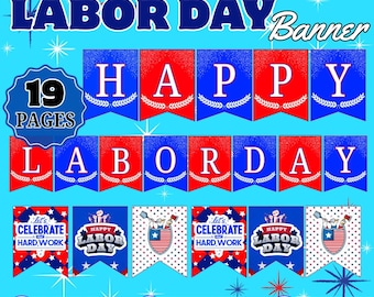 Utskrivbar Labor Day-banderoll | Glad Labor Day-skylt för fest, kontor, klassrum, grillfest | 19-sidig patriotisk banderoll i PDF-format