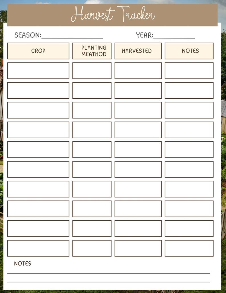 May include: A white harvest tracker with the words "Harvest Tracker" at the top. The tracker includes sections for season, crop, planting method, harvested, year, and notes. The background is a blurred image of a farm.
