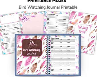 May include: A spiral-bound bird watching journal with a cover featuring a brown square with a bird silhouette and the words "Bird Watching Journal". The journal includes pages for notes and bird sighting details, with a feather design.