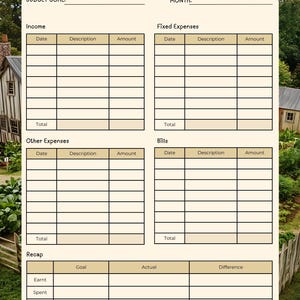 May include: A beige and white printable monthly budget planner with the text "Homestead Monthly Budget" at the top. The planner includes sections for income, expenses, bills, and a recap. The background features a rural scene.