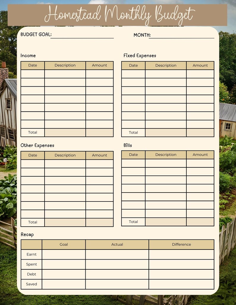 May include: A beige and white printable monthly budget planner with the text "Homestead Monthly Budget" at the top. The planner includes sections for income, expenses, bills, and a recap. The background features a rural scene.
