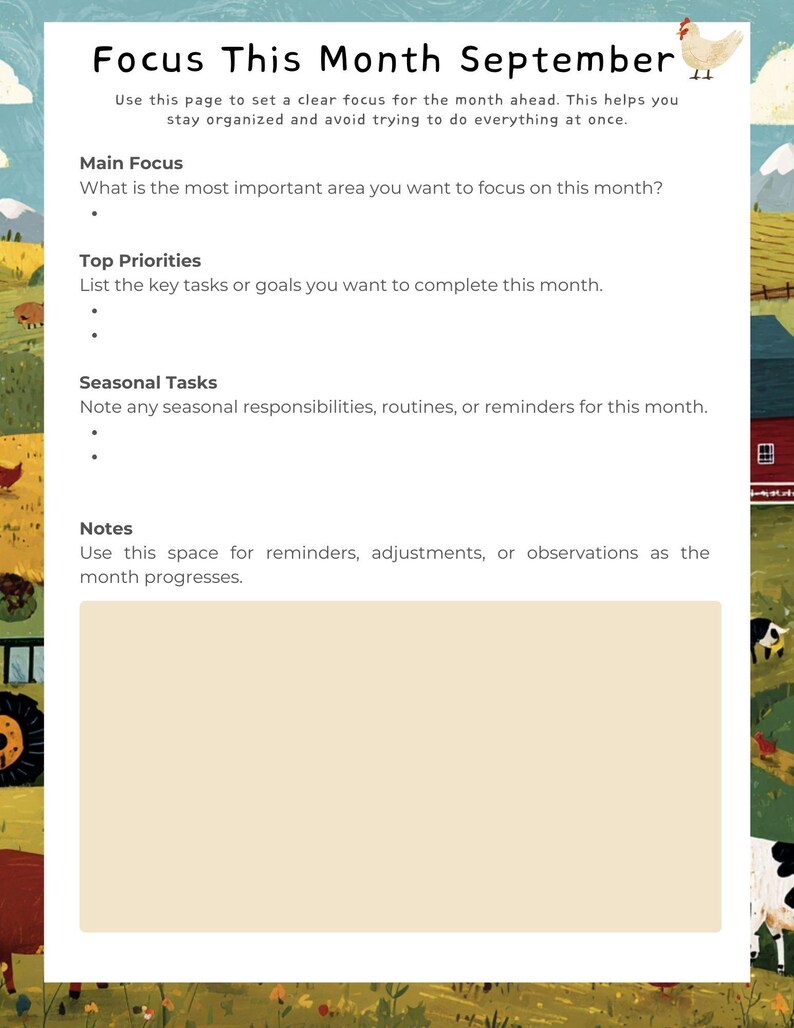 May include: A planner page titled "Focus This Month September" with a pastoral illustration. The page includes sections for main focus, top priorities, seasonal tasks, and notes. A decorative chicken is in the top right corner.