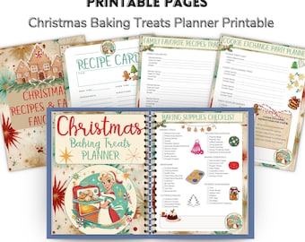 May include: A spiral-bound Christmas Baking Treats Planner with printable pages. The open planner displays a checklist of baking supplies and a recipe card. The cover features a vintage illustration of a woman with baked goods. The text reads "Christmas Baking Treats Planner Printable Pages".