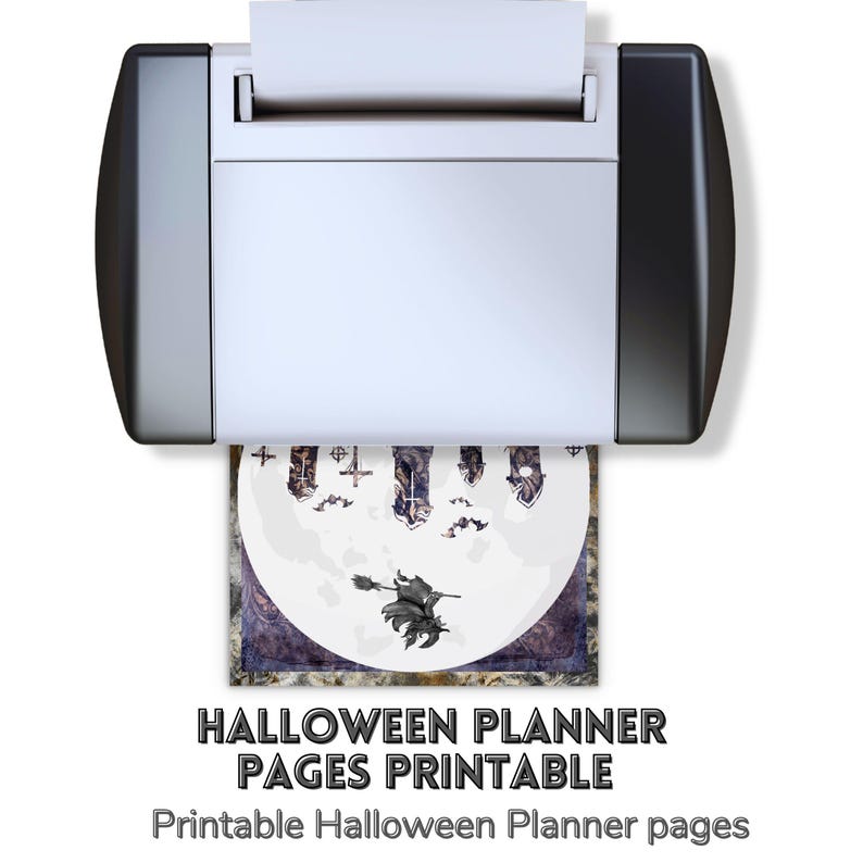 May include: A printer is shown printing a Halloween-themed planner page. The page features a full moon, a witch on a broom, and various spooky elements. The text "HALLOWEEN PLANNER PAGES PRINTABLE" is displayed.