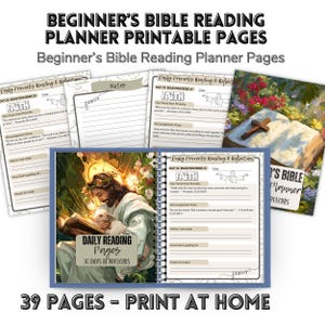 Puede incluir: Un planificador de lectura bíblica con el texto "Beginner's Bible Reading Planner Printable Pages". El planificador es de espiral e incluye páginas para la reflexión diaria, con espacio para notas y versículos clave. La imagen también muestra una imagen de Jesús.