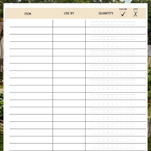 May include: A white pantry inventory sheet with a tan header that reads "Pantry Inventory" in cursive. The sheet has columns for item, use by date, quantity, available, and used. The background shows a blurred image of a barn and trees.